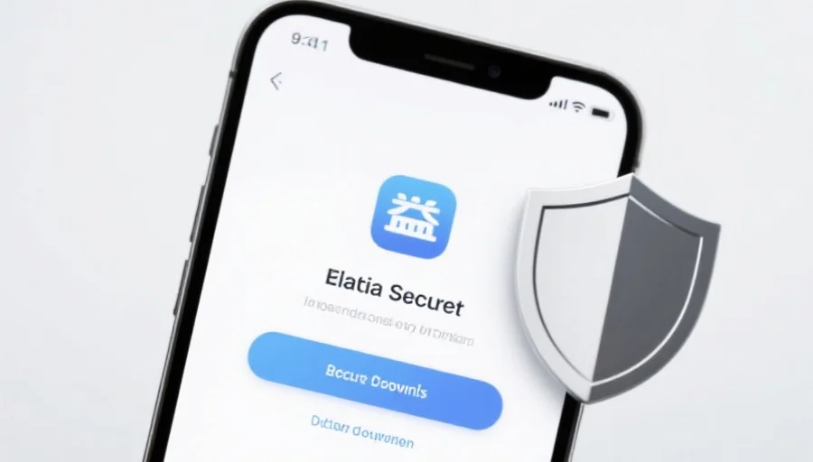 一部现代智能手机屏幕上显示利盈应用的安全下载界面，旁边有安全盾牌图标，背景简洁