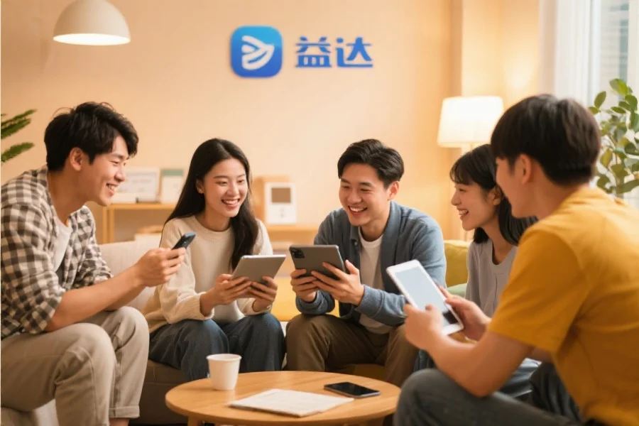 一群年轻用户围坐在一起，使用平板和手机愉快地交流，背景温馨现代，象征利盈应用的社区活跃氛围